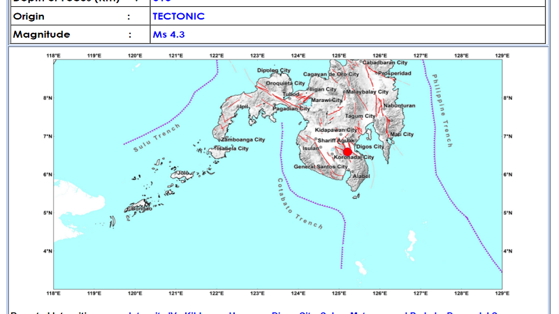 Magnitude 4.3 na lindol naitala sa Davao Del Sur