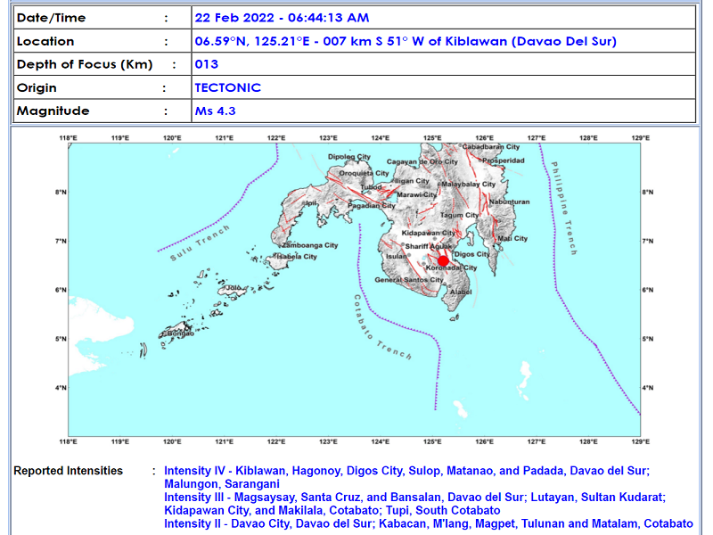 Magnitude 4.3 na lindol naitala sa Davao Del Sur