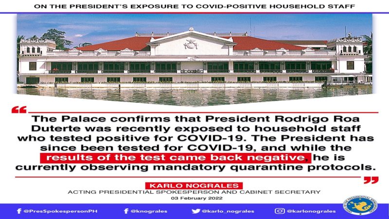 Pangulong Duterte nakasailalim sa quarantine matapos ma-expose sa isang COVID-19 positive