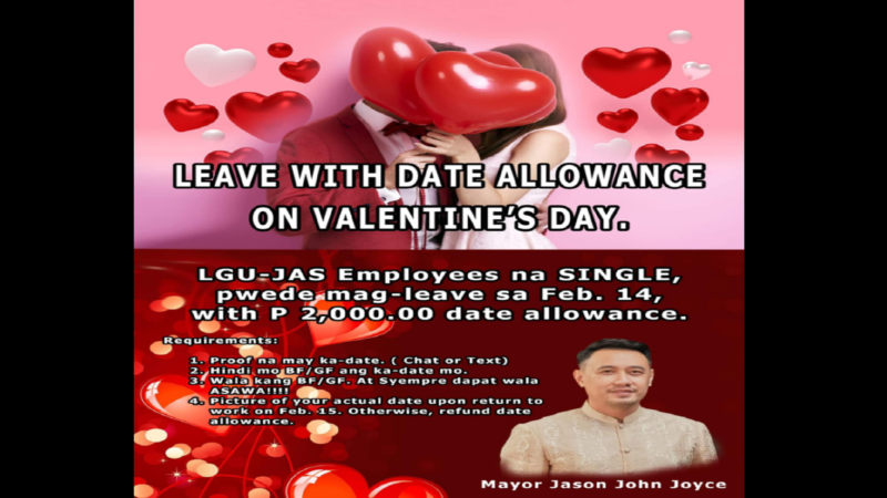 Mga single na empleyado ng munisipyo sa Jose Abad Santos, Davao Occidental puwedeng mag-leave sa Valentine’s Day; tatanggap ng date allowance