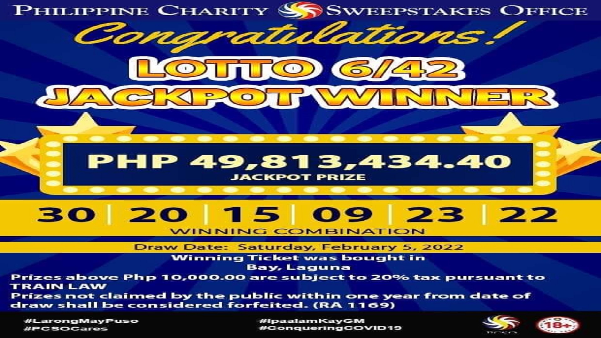 Lotto bettor mula Bay, Laguna wagi ng P48.9M na jackpot prize sa Lotto