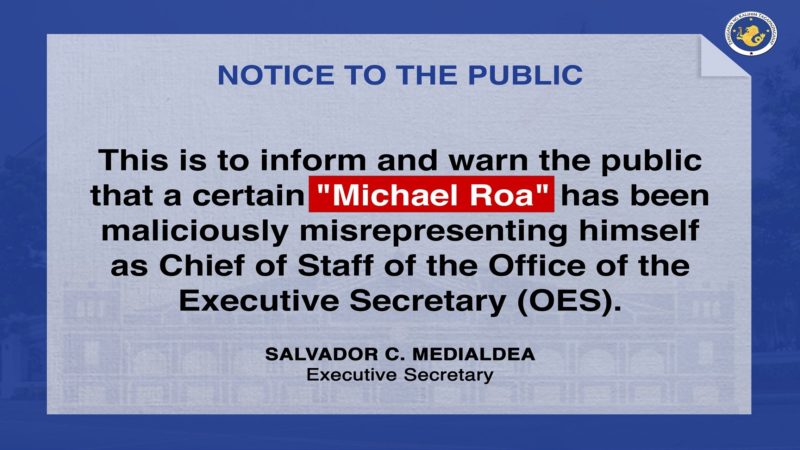 Publiko binalaan ng Malakanyang sa isang lalaking nagpapanggap na empleyado ng OES