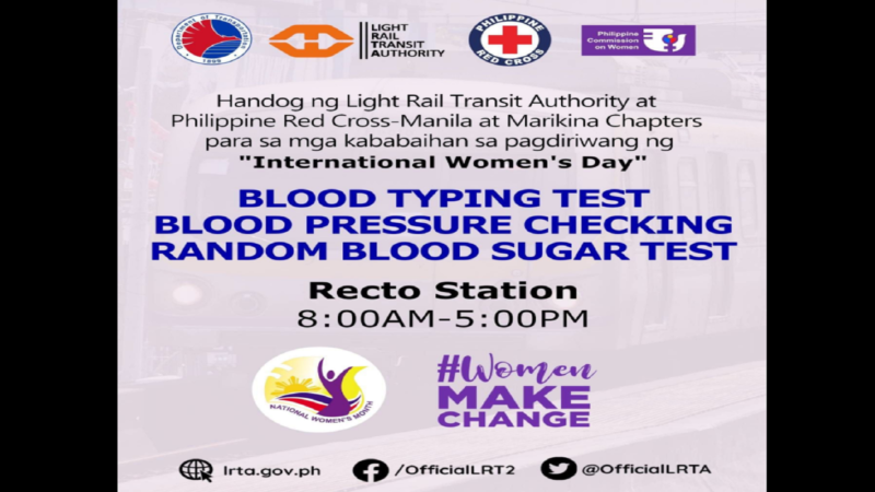 Free ride, free blod typing, BP checking at blood sugar test handog ng LRTA sa mga kababaihan