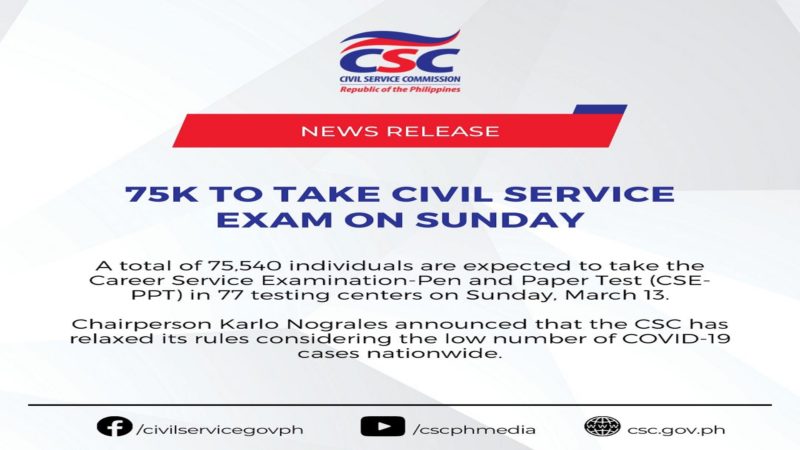 Mahigit 75,000 na indibidwal kukuha ng Civil Service Exams sa March 13