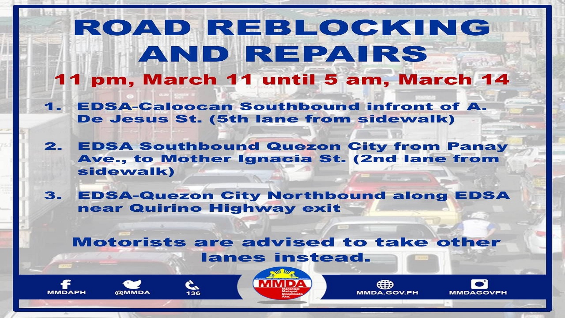 Ilang bahagi ng EDSA maaapektuhan ng road reblocking ng DPWH