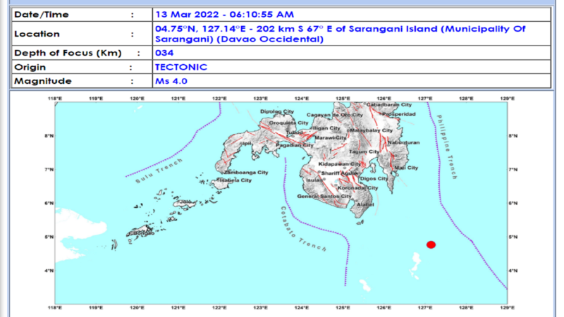 Sarangani, Davao Occidental niyanig ng magnitude 4.0 na lindol