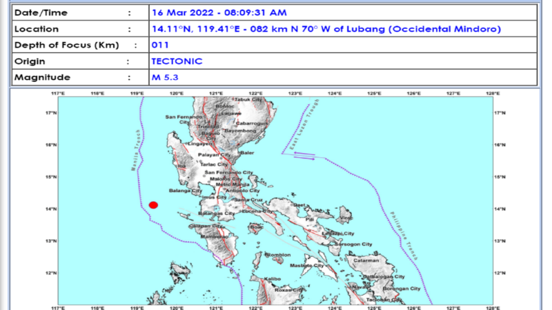 Lubang, Occidental Mindoro niyanig ng magnitude 5.3 na lindol