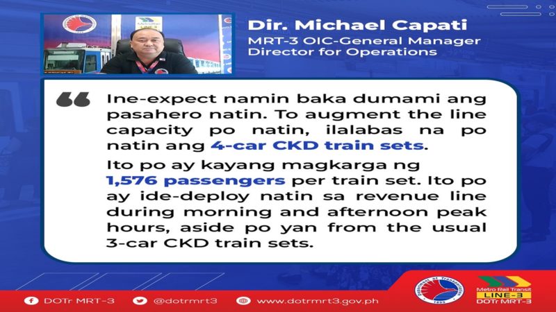 Train sets ng MRT-3 na may apat na bagon gagamitin sa pagsisimula ng libreng sakay