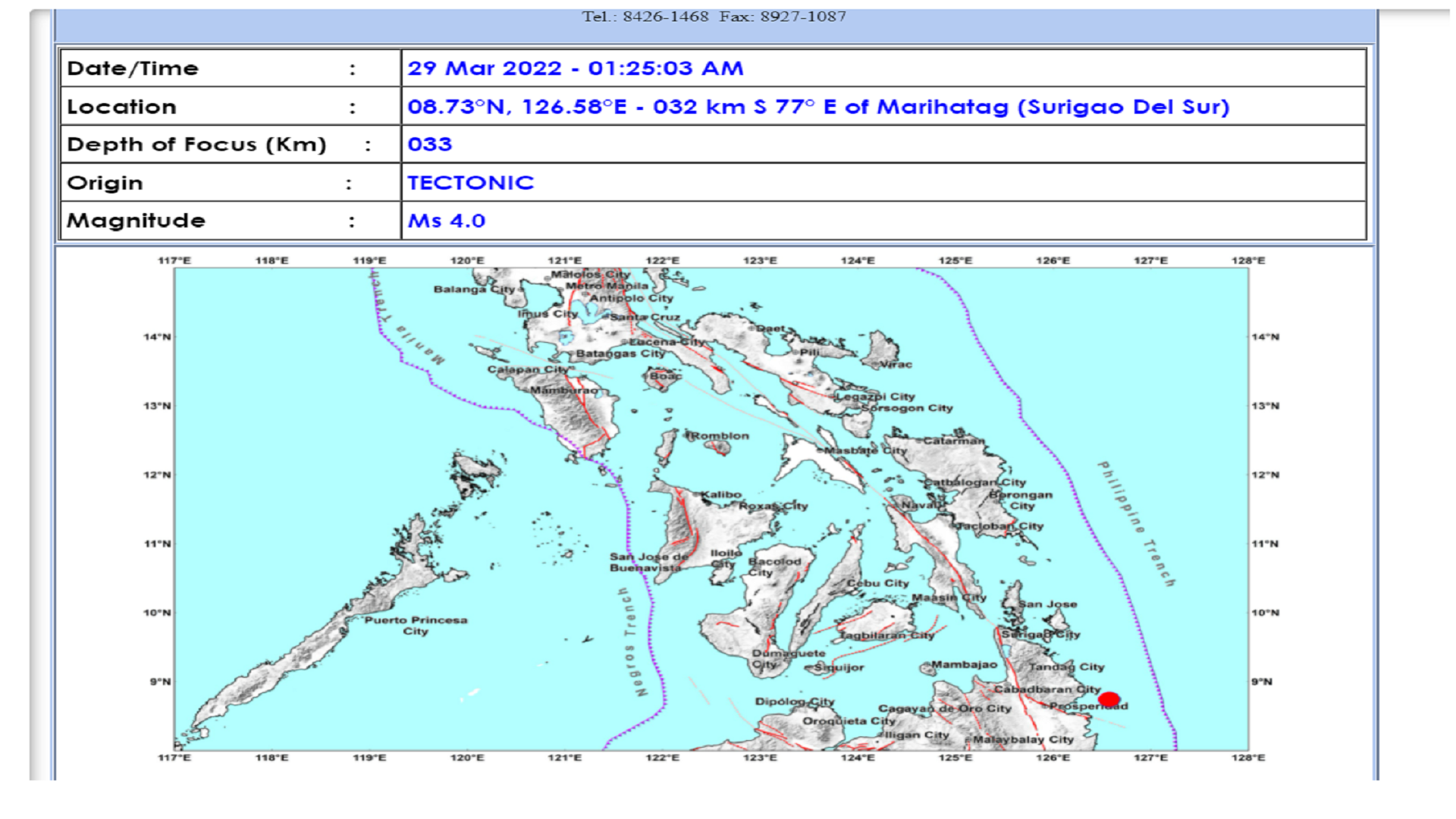 Marihatag, Surigao del Sur niyanig ng magnitude 4.0 na lindol