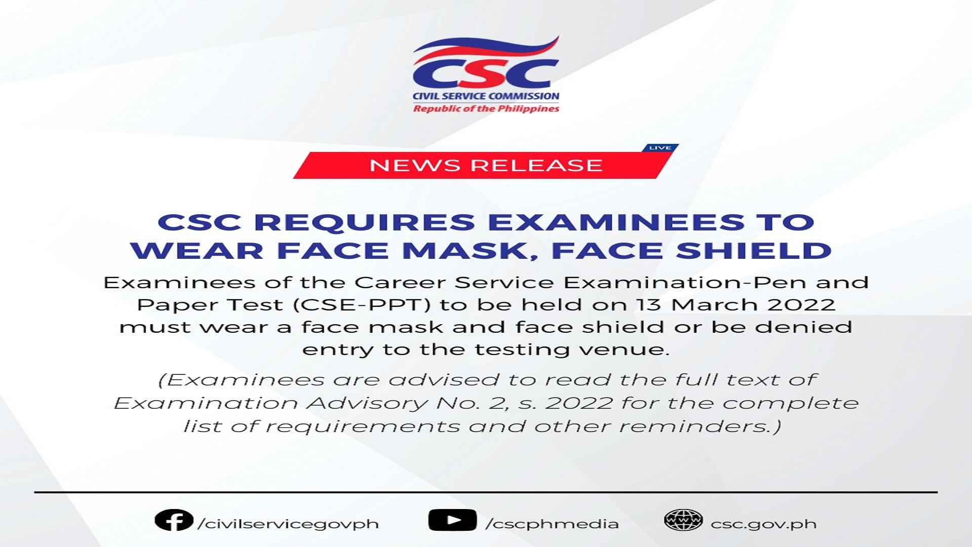 Examinees sa Career Service Examination-Pen and Paper Test kailangang magsuot ng face mask at face shield