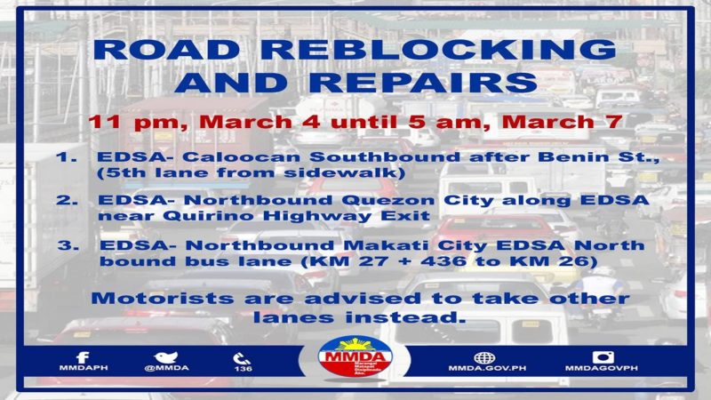 Ilang bahagi ng EDSA maaapektuhan ng road reblocking ng DPWH