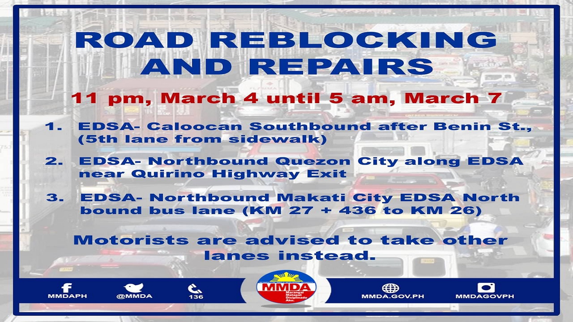 Ilang bahagi ng EDSA maaapektuhan ng road reblocking ng DPWH