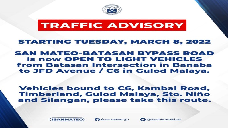 San Mateo-Batasan Bypass Road bubuksan na sa light vehicles