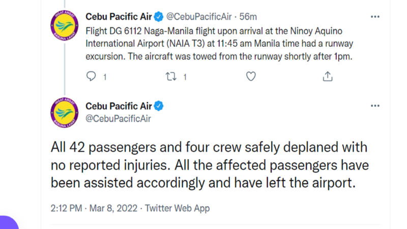 Eroplano ng Cebu Pacific nasangkot sa runway excursion