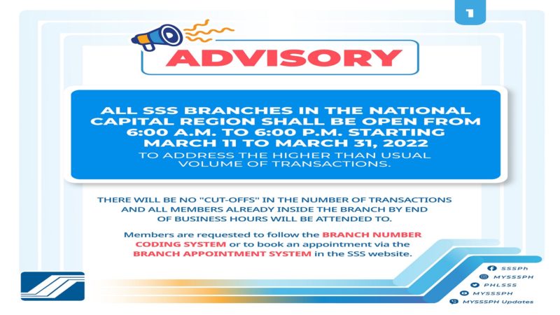 SSS branches sa NCR pinahaba ang operasyon