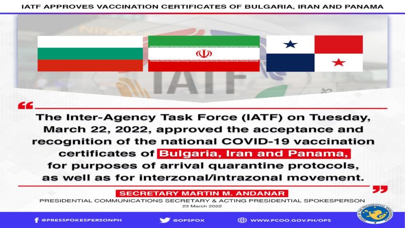 Vaccination certificate mula sa 3 pang bansa, kikilalanin na ng pamahalaan