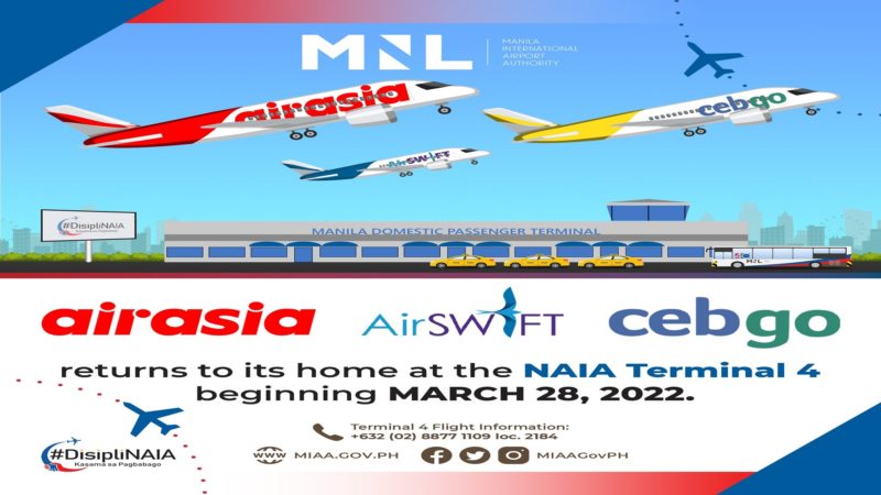 Operasyon ng AirAsia, AirSWIFT at CebGo sa NAIA Terminal 4 magbabalik na bukas, Mar. 28
