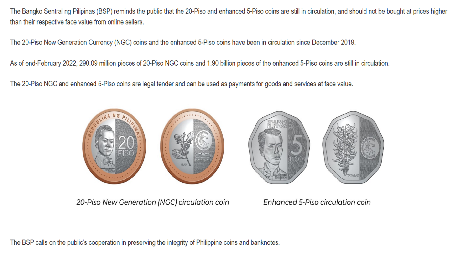 BSP nagbabala sa publiko sa pagbili ng P20 at P5 coins sa mas mataas na halaga