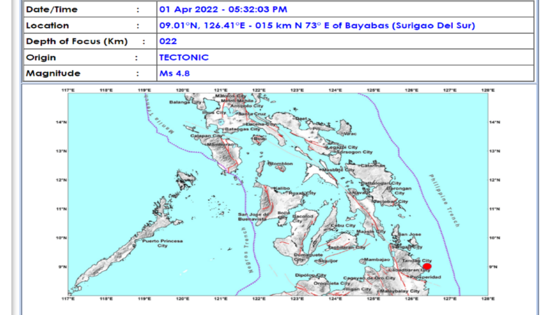 Bayabas, Surigao del Sur niyanig ng magnitude 4.8 na lindol