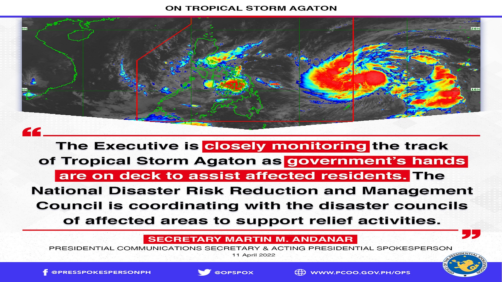 Malakanyang nakatutok sa mga lugar na napinsala ng Bagyong Agaton