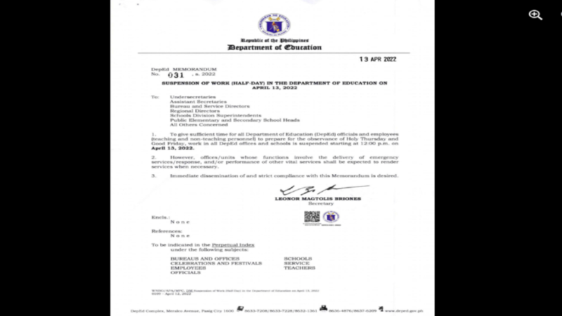 DepEd nagdeklara ng half-day ngayong araw; pasok sa DepEd offices at mga paaralan hanggang 12NN lang