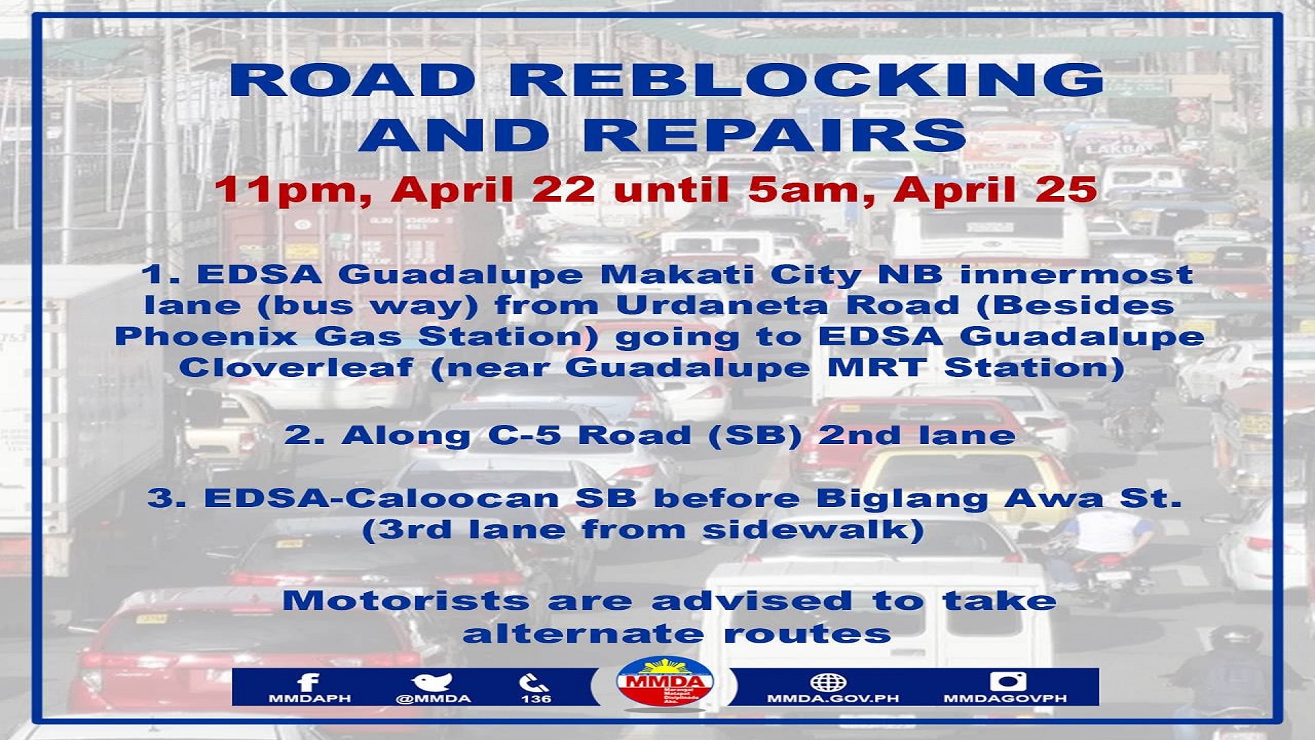 Ilang bahagi ng EDSA at C5 apektado ng road reblocking at repairs ng DPWH ngayong weekend