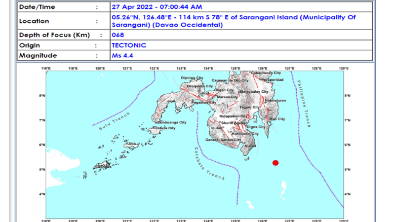 Magnitude 4.4 at magnitude 4.5 na lindol naitala sa Davao Occidental