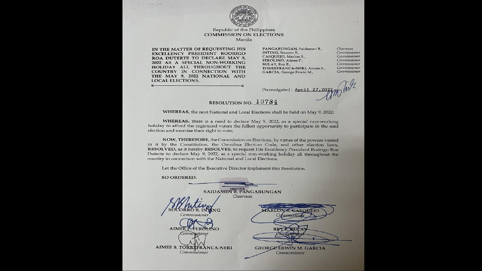 Comelec en banc opisyal nang hiniling kay Pangulong Duterte na ideklarang holiday ang May 9, 2022