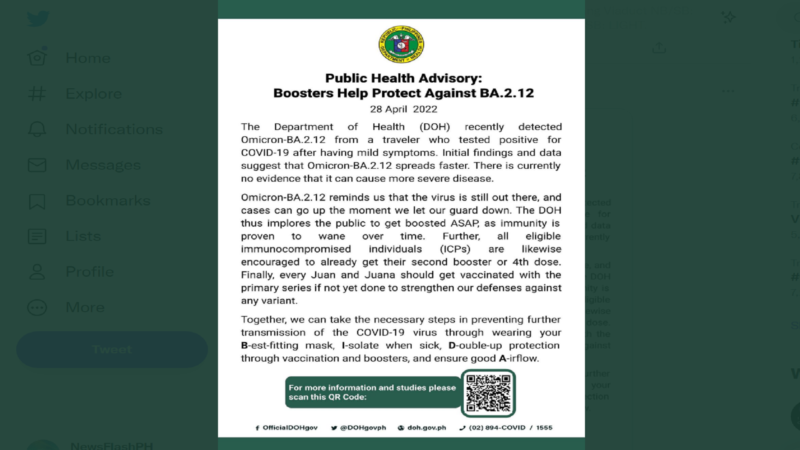 Matapos makapagtala ng kaso ng Omicron BA.2.12 variant sa bansa, DOH umapela sa publiko na magpaturok ng booster shot