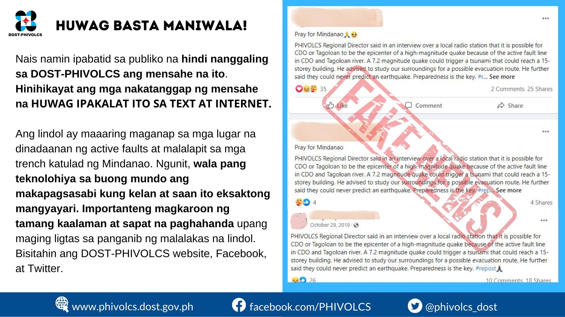 Kumakalat na impormasyon tungkol sa lindol at tsunami, peke ayon sa Phivolcs