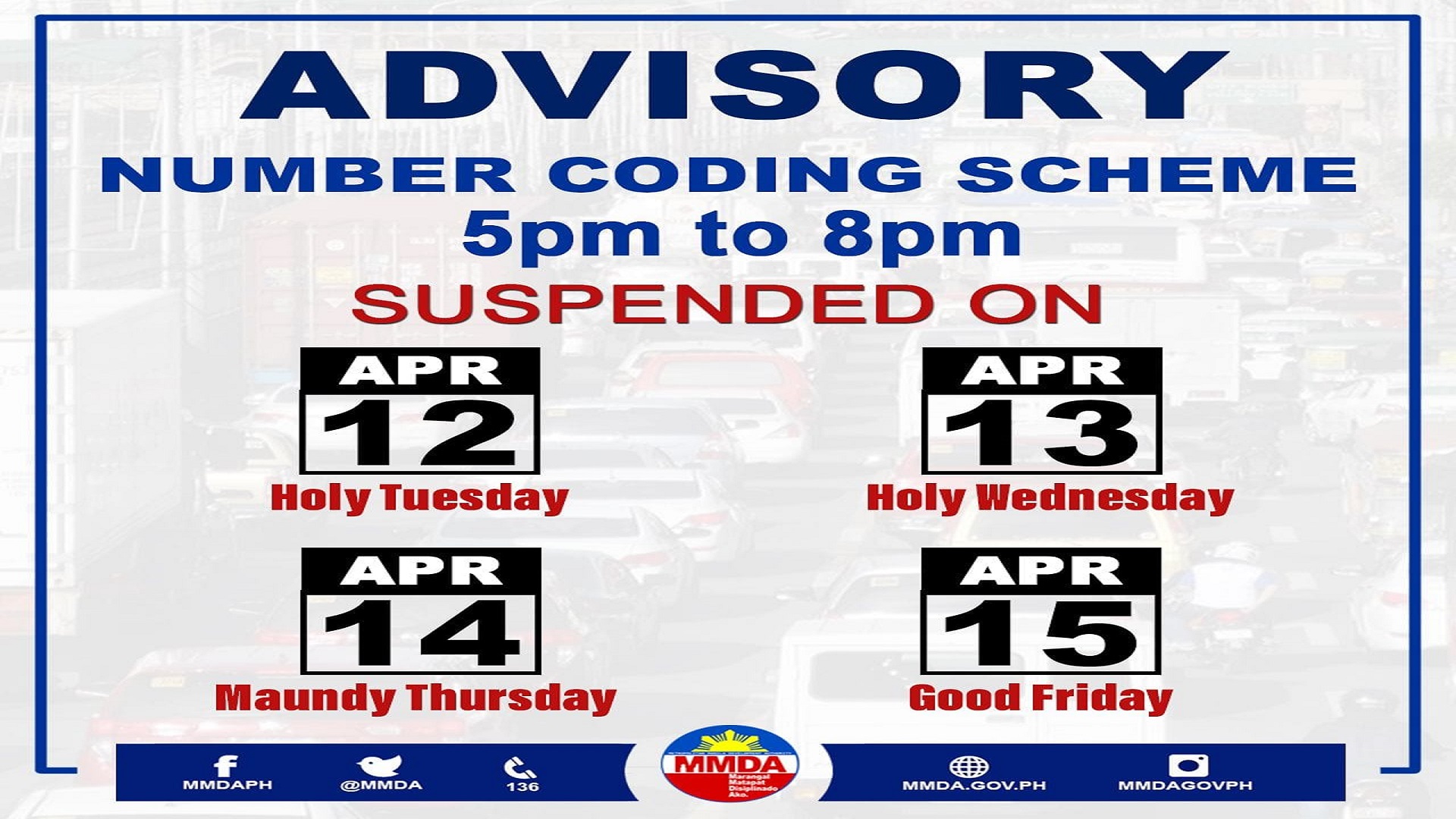 BASAHIN: Number coding suspendido simula Martes Santo hanggang Biyernes Santo