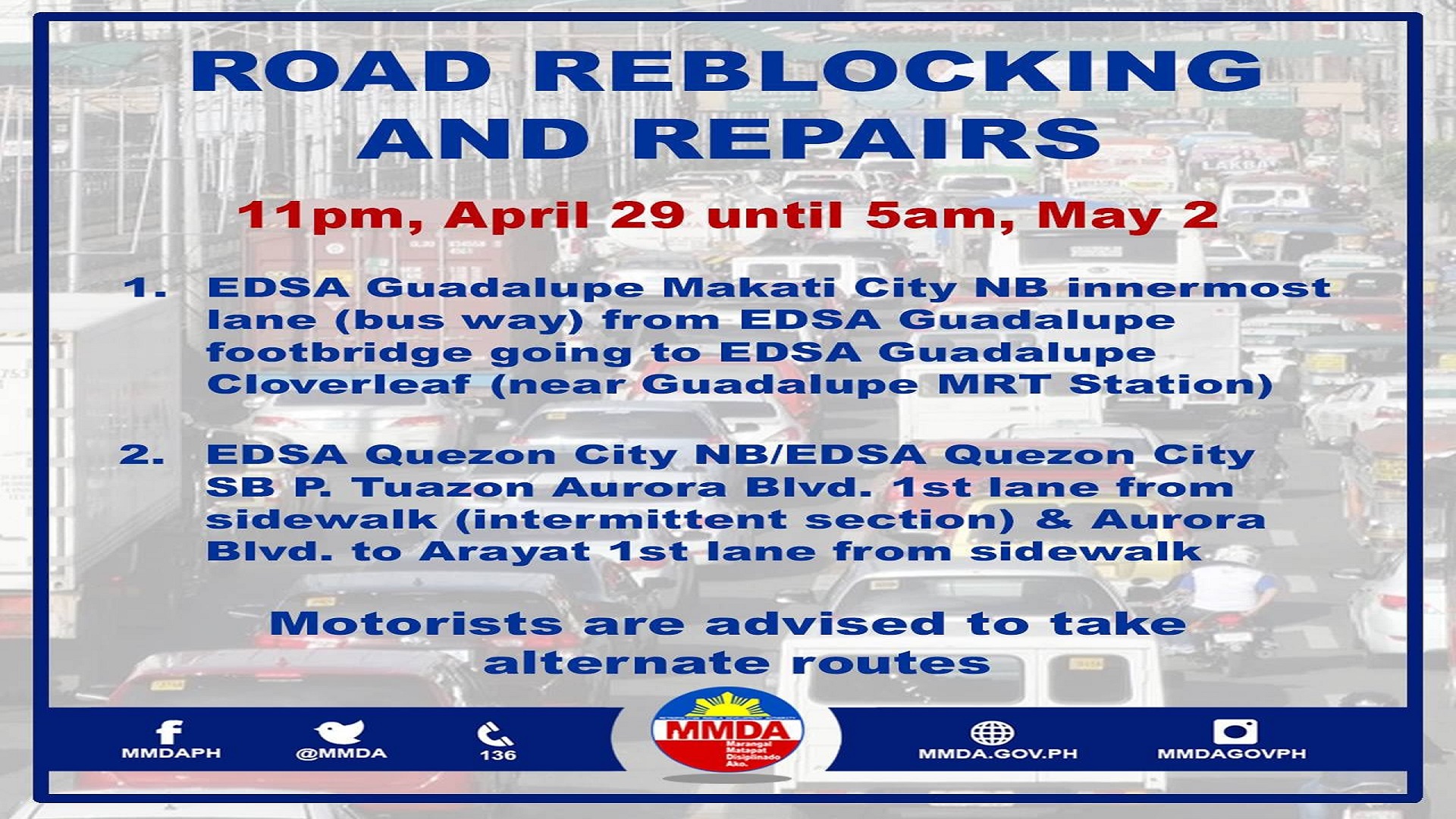 Ilang bahagi ng EDSA at C5 apektado ng road reblocking at repairs ng DPWH ngayong weekend