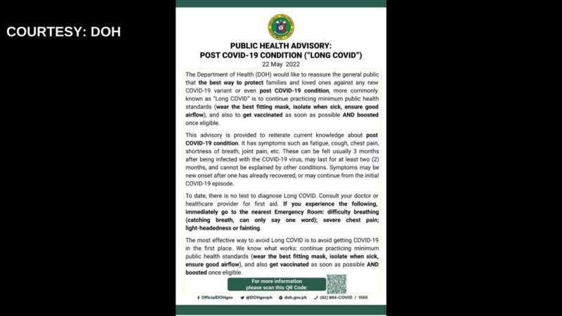 DOH naglabas ng abiso hinggil sa post COVID-19 condition o “Long COVID”