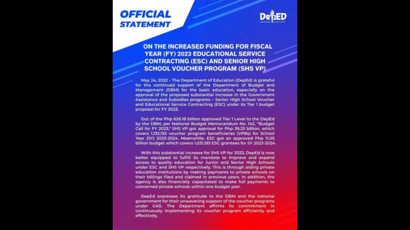 Pondo para sa voucher program ng DepEd mas tinaasan pa