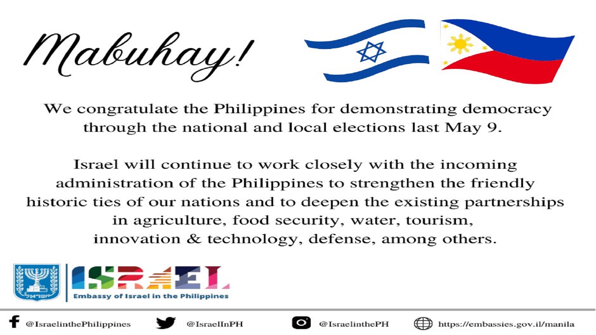 Israel binati ang Pilipinas sa naging resulta ng katatapos na eleksyon