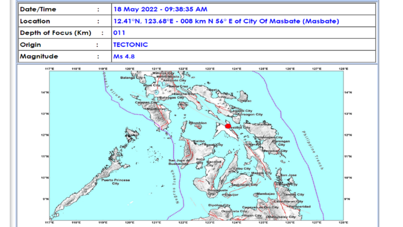 Masbate niyanig ng magnitude 4.8 na lindol; Intensity VI naitala sa Mobo, Masbate