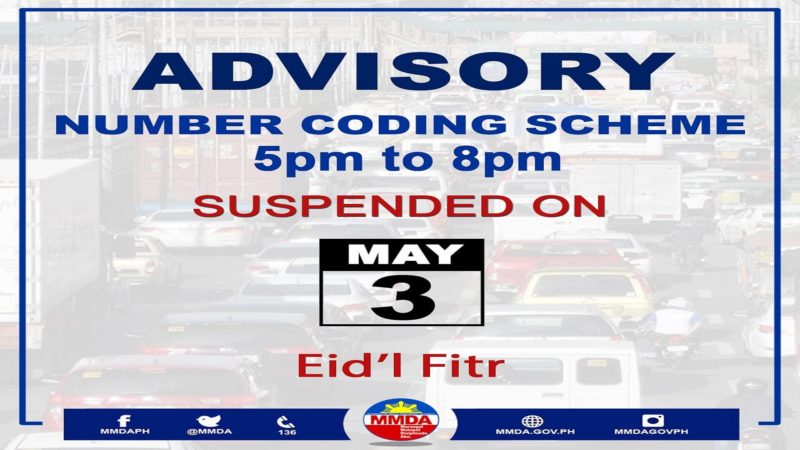 Pag-iral ng number coding suspendido bukas, May 3