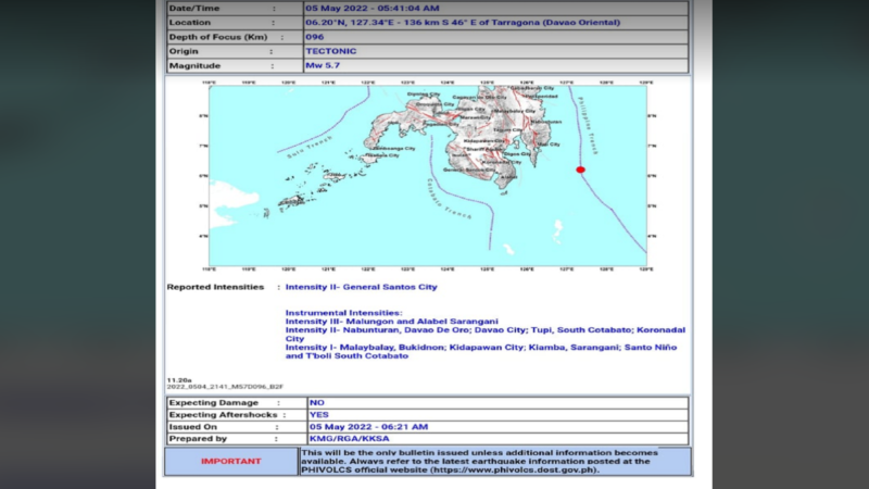 Tarragona, Davao Oriental niyanig ng magnitude 5.7 na lindol