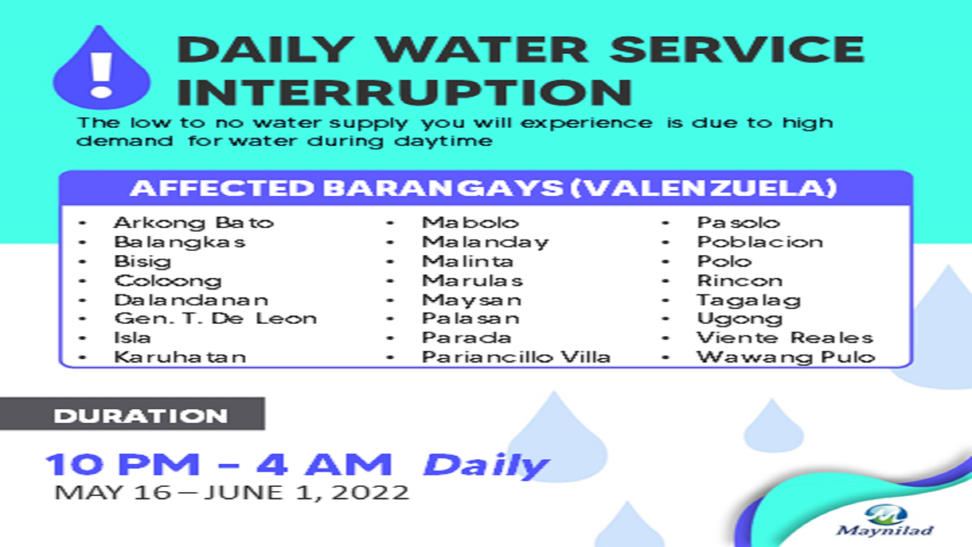 Araw-araw na water service interruption ipatutupad ng Maynilad sa 9 na lugar sa NCR at sa Bulacan