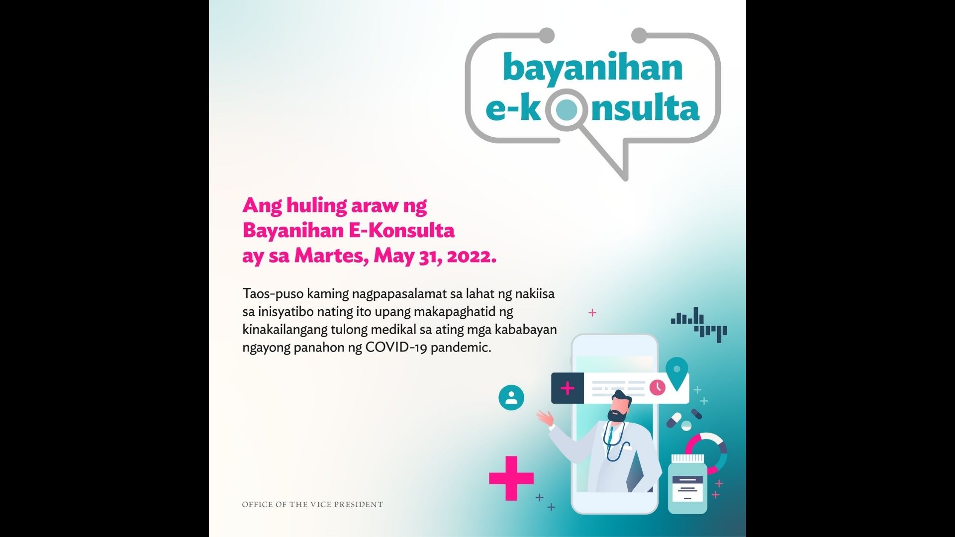 Bayanihan E-Konsulta project ng OVP hanggang May 31 na lang