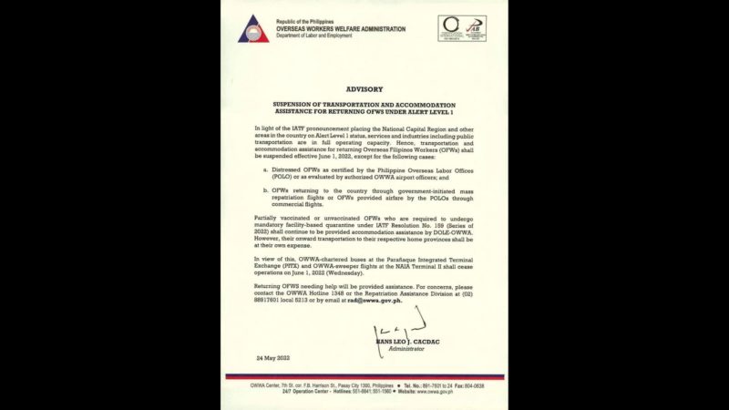 Libreng transportasyon at accommodation sa mga umuuwing OFW ihihinto na ng OWWA sa ilalim ng pag-iral ng Alert Level 1