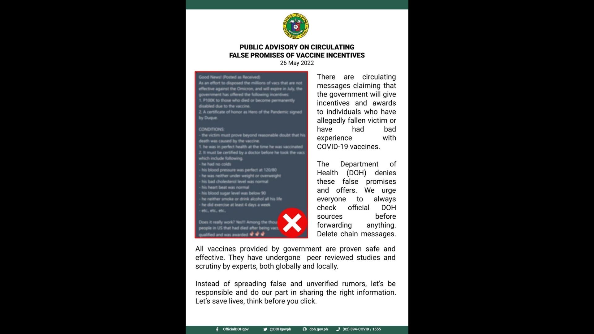 Ipinakakalat na balita hinggil sa pagbibigay umano ng insentibo sa mga may hindi magandang karanasan sa COVID-19 vaccines, peke ayon sa DOH