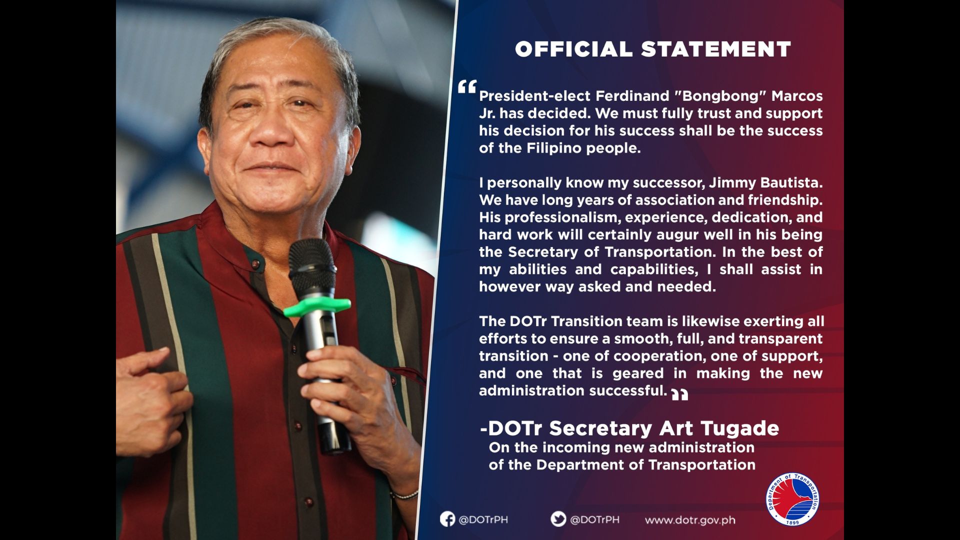 Transition para sa bagong pamunuan ng DOTr handa na ayon kay Sec. Tugade