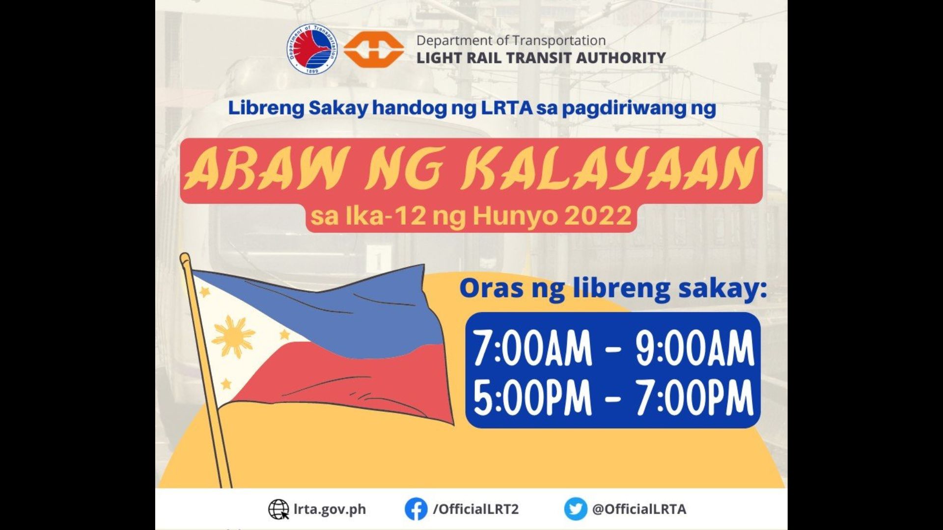 LRT-2 may alok na libreng sakay sa mga pasahero sa Araw ng Kalayaan