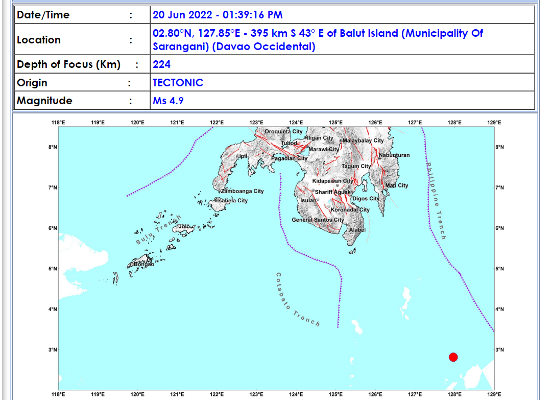 Balut Island sa Davao Occidental niyanig ng magnitude 4.9 na lindol