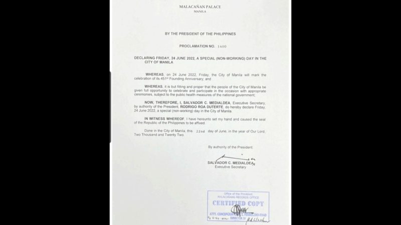 June 24 idineklara ng Malakanyang bilang special-non working day sa Maynila