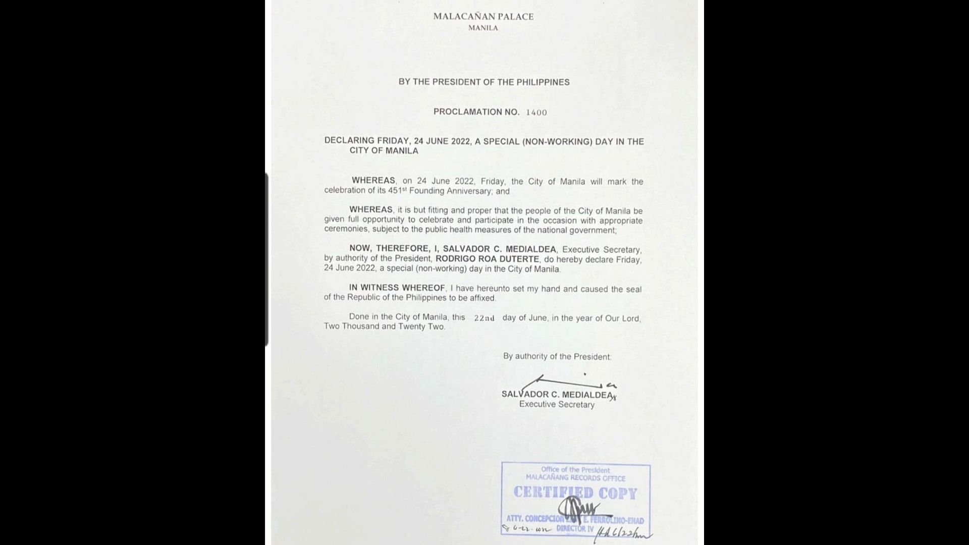 June 24 idineklara ng Malakanyang bilang special-non working day sa Maynila