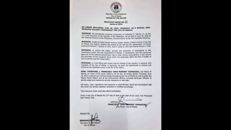 June 30 deklaradong holiday sa Maynila para sa inagurasyon ni President elect Ferdinand Marcos Jr.
