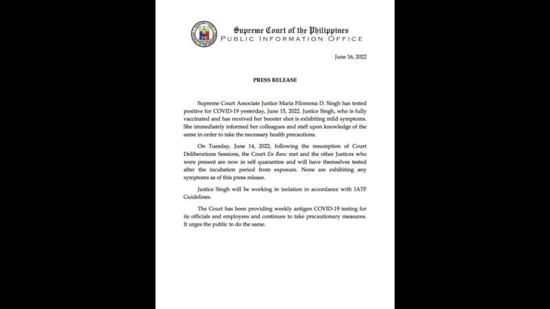 SC Justice Maria Filomena Singh nagpositibo sa COVID-19; iba pang mahistrado ng SC naka-quarantine