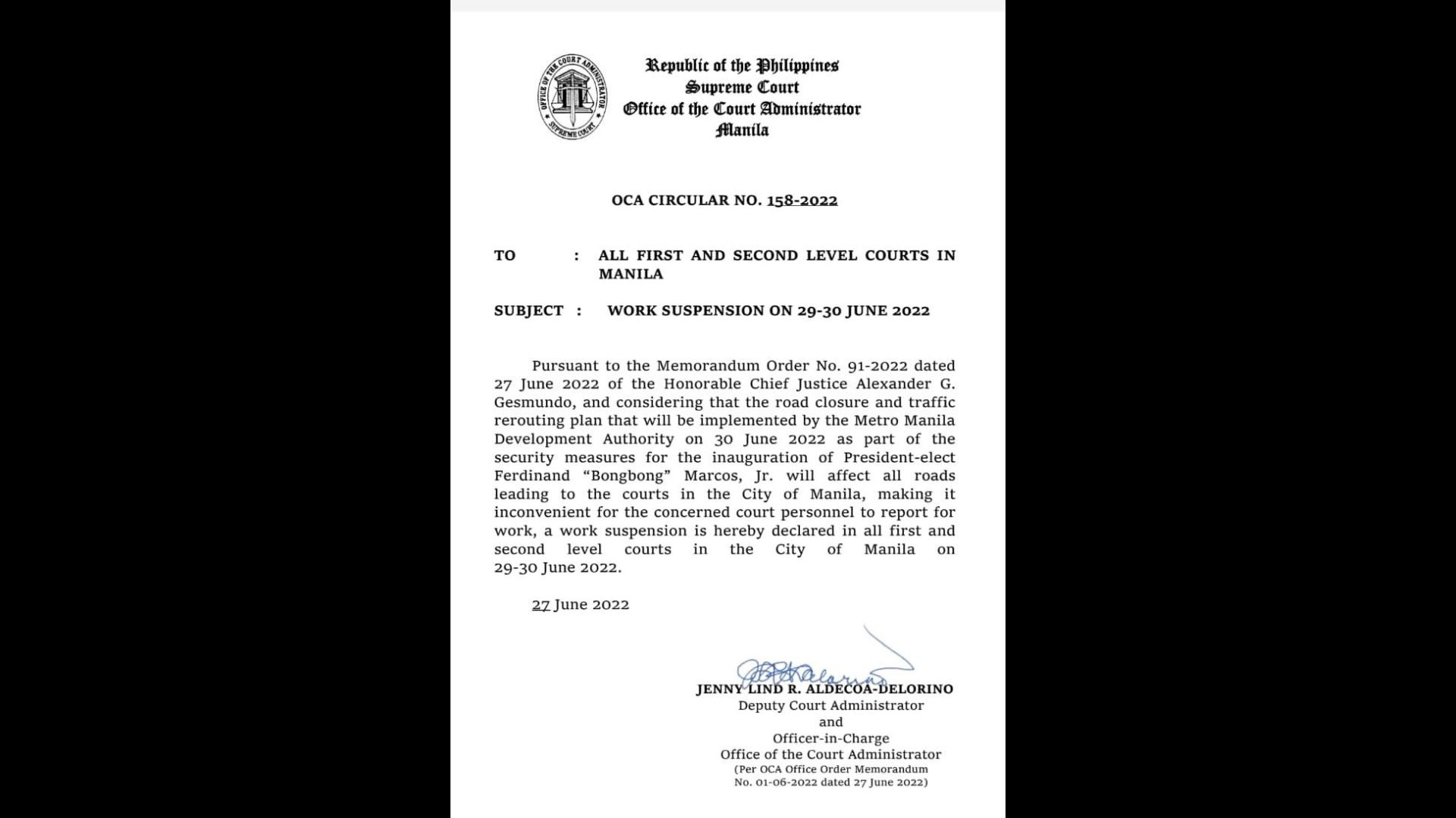 Pasok sa mga korte sa lungsod ng Maynila suspendido sa June 29-30